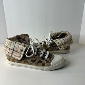Womens Coach Bonney Graphitti Fold Over High Top Sneakers Brown Tan 9B Flaw